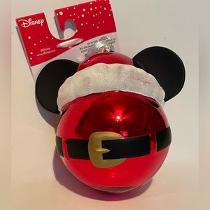 DISNEY~BLOWN GLASS MICKEY MOUSE ICON EARS HEAD ORNAMENT SANTA HAT NWT